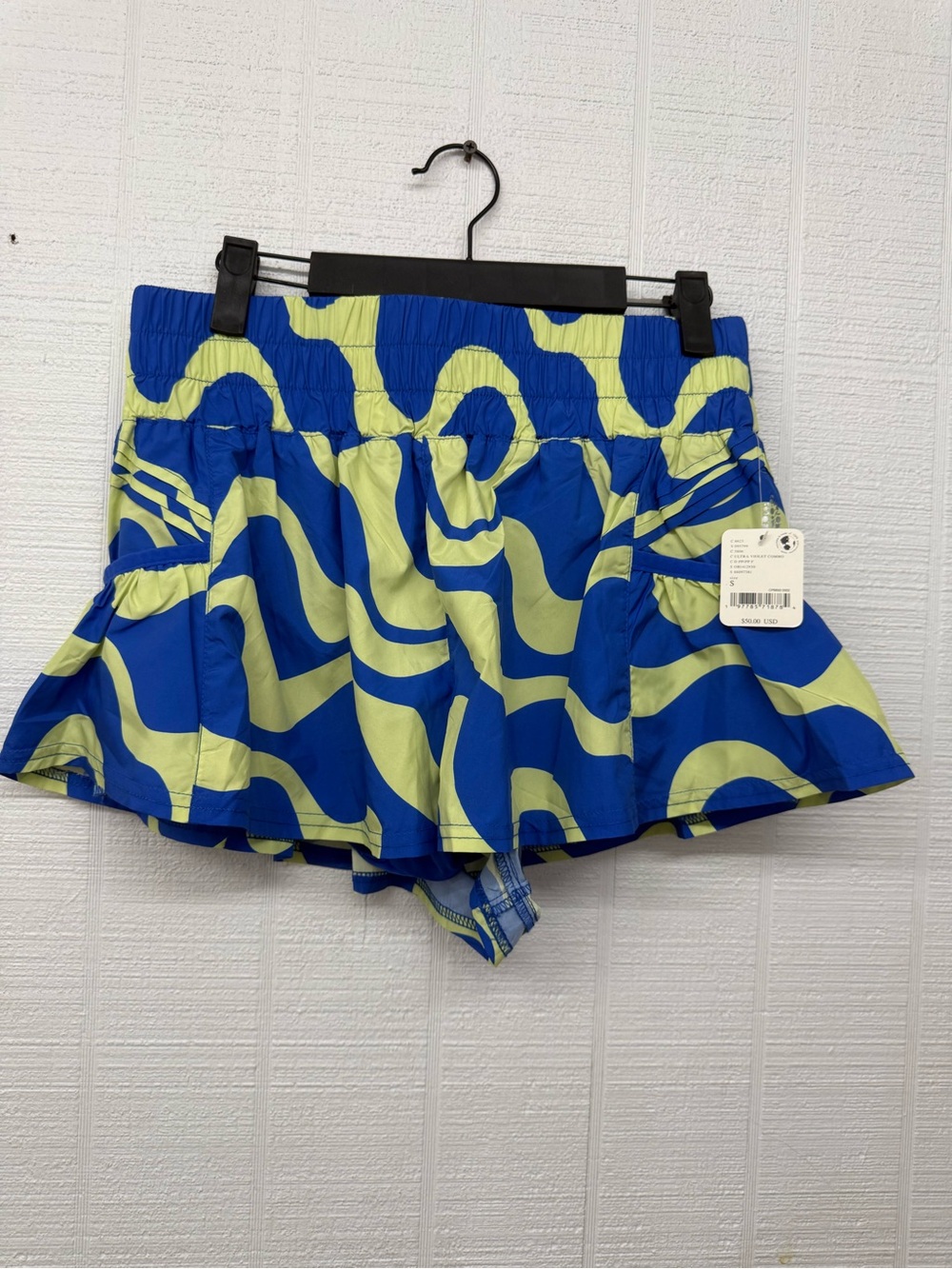 Free People Get ur Flirt On Blue & Lime Wave-Print Athletic Skort Shorts